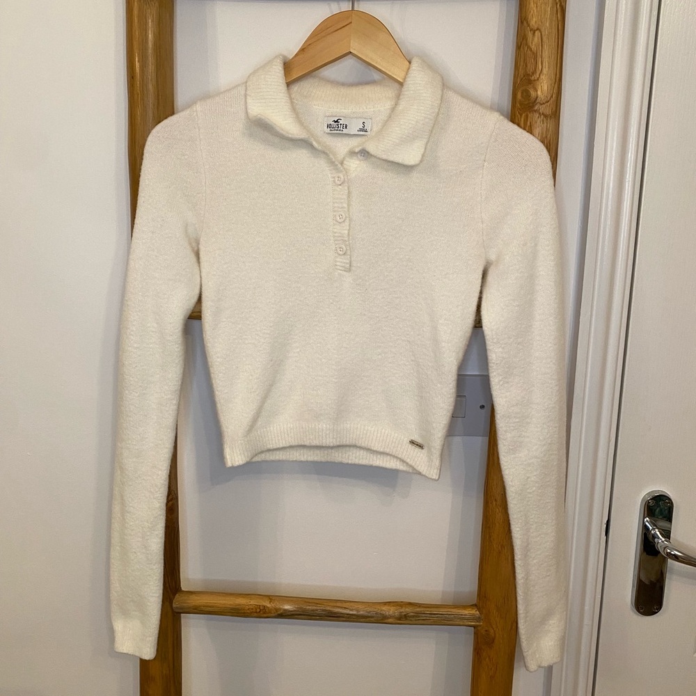 Hollister Cropped Polo Sweater in Ivory Size Small Preppy Minimalist Y2K